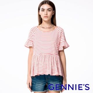 【Gennies 奇妮】條紋拼接荷葉袖上衣(紅白/藍白T3909)