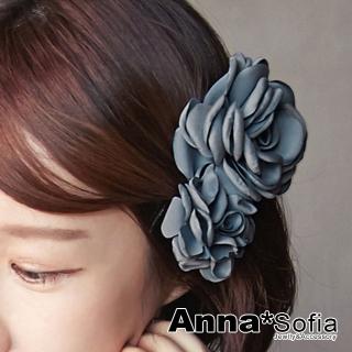 【AnnaSofia】純手工中大型髮飾髮夾-圓馨雙綣花 現貨(灰藍系)