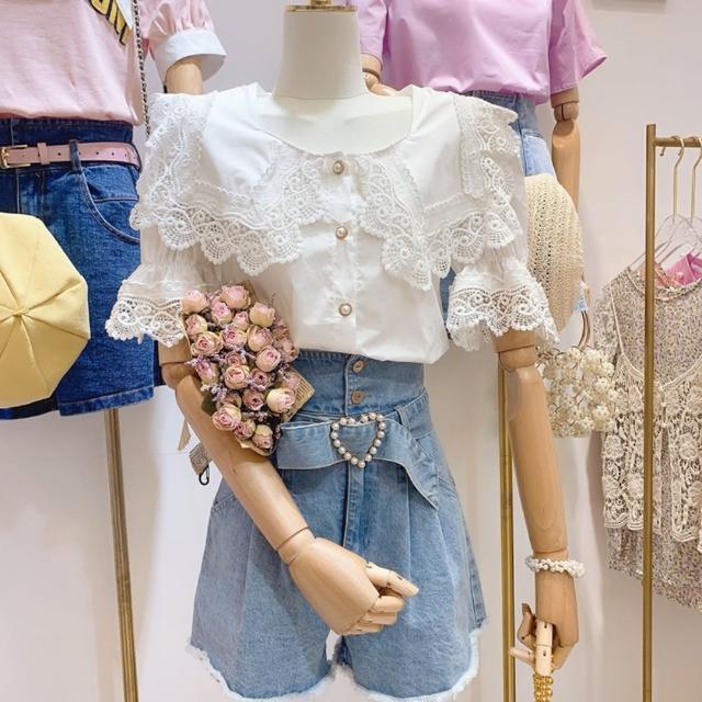 【BBHONEY】質感蕾絲花邊娃娃領短袖白襯衫(網美必備款)