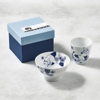 【有種創意食器】日本美濃燒 - 花園藍貓杯碗-禮盒組-2件式