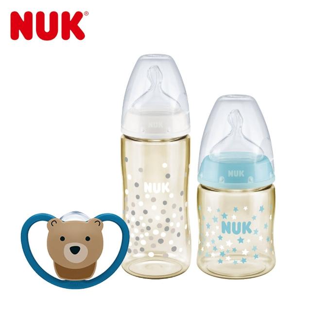 【NUK】寬口徑PPSU奶瓶300ml+150ml+SPACE超透氣矽膠安撫奶嘴1入(顏色隨機出貨)