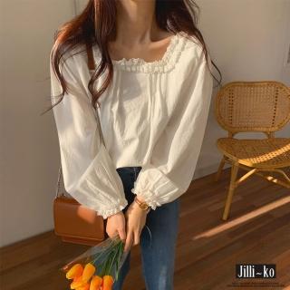 【JILLI-KO】蕾絲花邊方領甜美小衫-F(白)