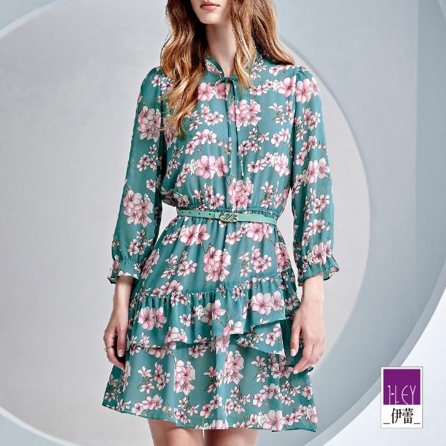 【ILEY 伊蕾】復古花卉荷葉領蛋糕裙膝上洋裝(綠色；M-XL；1233017436)