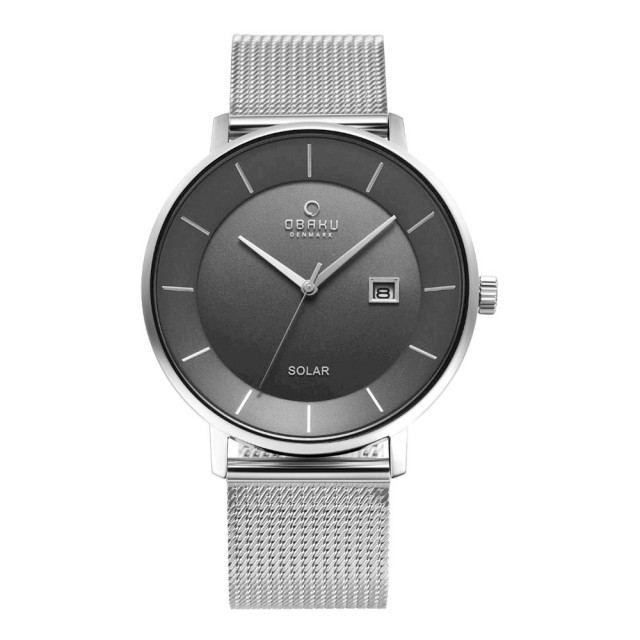 【OBAKU】太陽能時尚環保鋼質腕錶-銀灰色(V222GRCJMC)