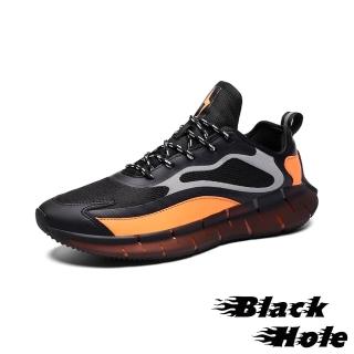【Black Hole】英倫時尚潮流夜光撞色流線圖樣拼接運動休閒鞋-男鞋(黑橘)