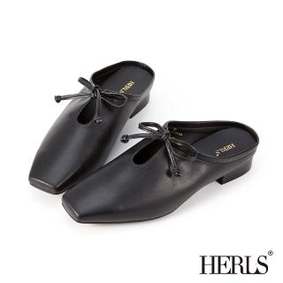 【HERLS】穆勒鞋-全真皮蝴蝶結鏤空方頭穆勒鞋拖鞋(黑色)