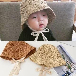 【Emi 艾迷】韓系 兒童寶寶蕾絲繫帶 夏日遮陽 草帽(幼童 兒童草帽)