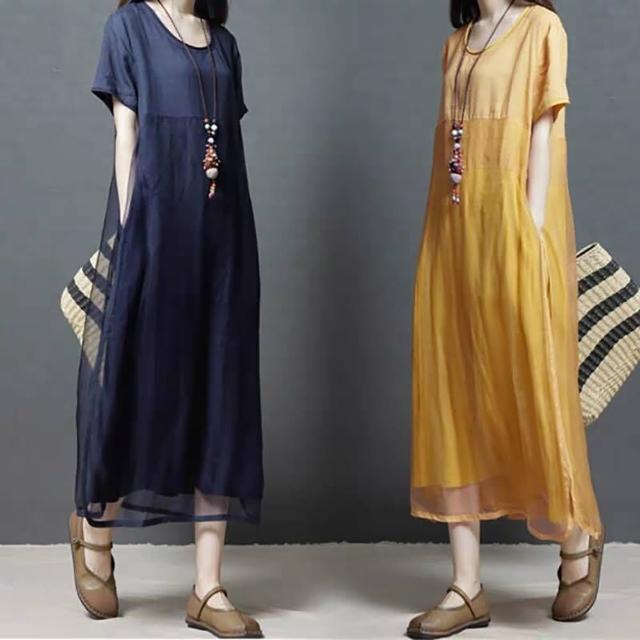 【JILLI-KO】買一送一 盤扣網紗高腰拼接連衣裙-F(深藍/黃)