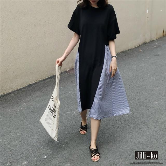 【JILLI-KO】買一送一 條紋A字大擺拼接連衣裙-F(黑/白)