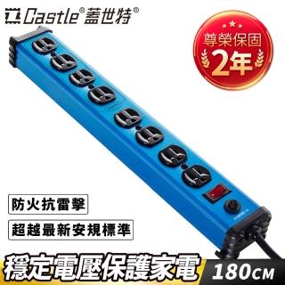 【Castle蓋世特】1開8插 鋁合金抗突波防火防雷保護插座 延長線 電源線-1.8M(晶湛藍)