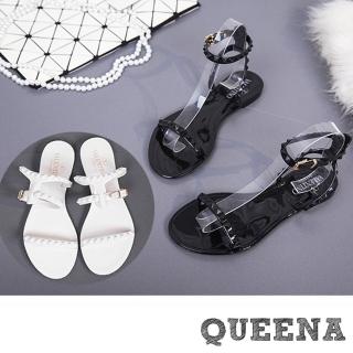 【QUEENA】個性鉚釘造型一字繫帶果凍涼鞋/防水雨鞋(2色任選)