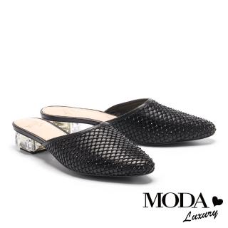 【MODA Luxury】別致時髦異材質堆疊穆勒低跟拖鞋(黑)