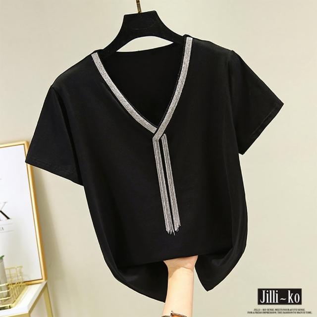 【JILLI-KO】買一送一 V領裝飾造型上衣-F(黑/白)