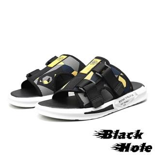 【Black Hole】個性魔鬼黏時尚色塊織帶拼接休閒運動風拖鞋-男鞋(黑黃)