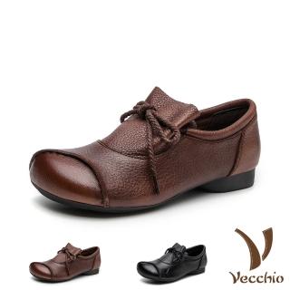【Vecchio】真皮頭層牛皮復古縫線抓褶綁帶小圓頭低跟鞋(2色任選)