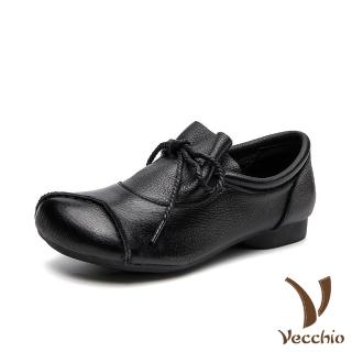 【Vecchio】真皮頭層牛皮復古縫線抓褶綁帶小圓頭低跟鞋(黑)