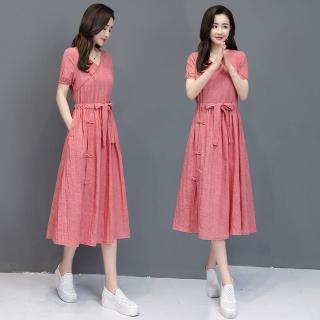 【SZ】現貨-玩美衣櫃典雅中國風純色棉麻收腰連衣裙印M-2XL(共三色)