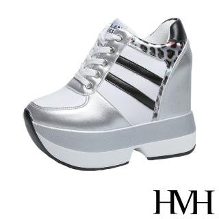 【HMH】個性豹紋撞色拼接時尚厚底內增高休閒運動鞋(白)
