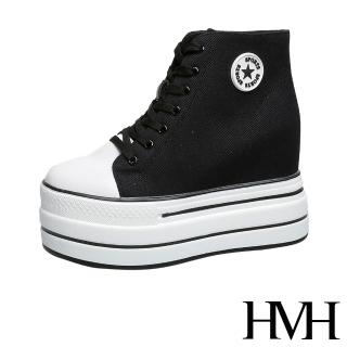 【HMH】潮流經典復古百搭高筒厚底內增高個性帆布鞋(黑)
