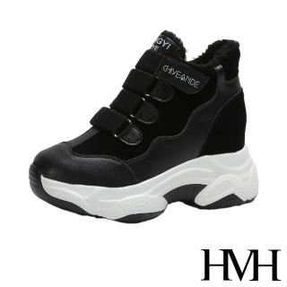 【HMH】復古異材質拼接魔鬼粘造型厚底時尚內增高休閒鞋(黑)