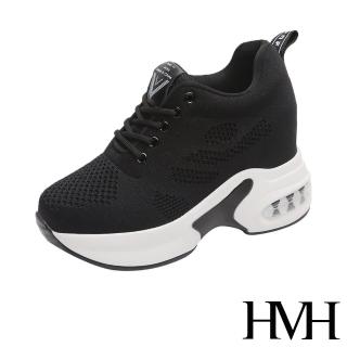 【HMH】透氣飛織網布造型百搭氣墊厚底內增高休閒鞋(黑)