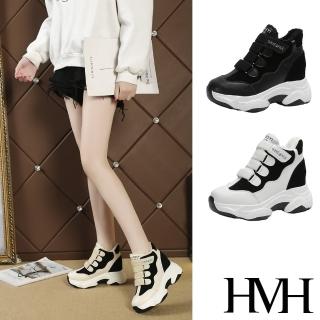 【HMH】復古異材質拼接魔鬼粘造型厚底時尚內增高休閒鞋(3色任選)