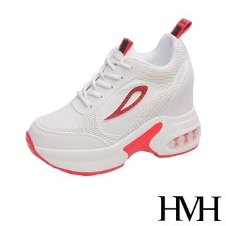 【HMH】時尚立體滴塑金蔥幾何圖樣氣墊厚底撞色內增高休閒鞋(紅)