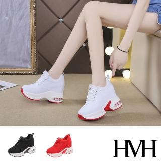 【HMH】透氣飛織網布造型百搭氣墊厚底內增高休閒鞋(3色任選)