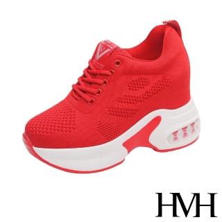 【HMH】透氣飛織網布造型百搭氣墊厚底內增高休閒鞋(紅)