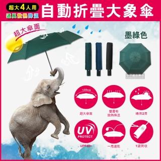 【生活良品】日系極簡4人用雙層風力散熱自動摺疊開收大象傘(墨綠色+贈同色晴雨傘套)