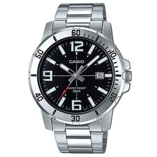 【CASIO 卡西歐】超清晰防水50米日期顯示不鏽鋼指針錶-黑面(MTP-VD01D-1B)