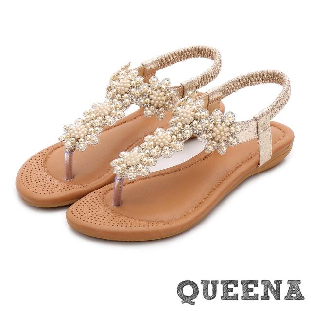 【QUEENA】唯美立體珍珠花朵T字夾腳坡跟平底涼鞋(金)