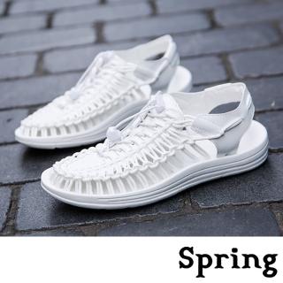 【SPRING】時尚縷空復古彈力繩編織造型休閒涼鞋-男鞋(白)