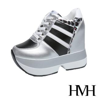 【HMH】個性豹紋撞色拼接時尚厚底內增高休閒運動鞋(黑)