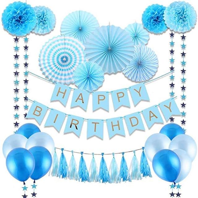 【WIDE VIEW】藍色生日佈置紙花扇氣球套組(附打氣筒 生日氣球 生日佈置 生日派對 派對氣球/BL-07)