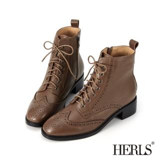 【HERLS】短靴-牛皮翼紋雕花圓頭綁帶短靴軍靴(深棕色)