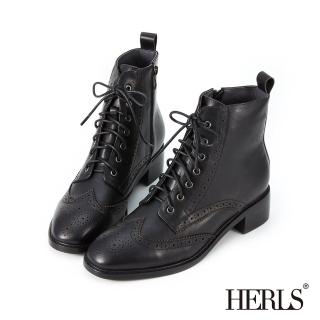 【HERLS】短靴-牛皮翼紋雕花圓頭綁帶短靴軍靴(黑色)