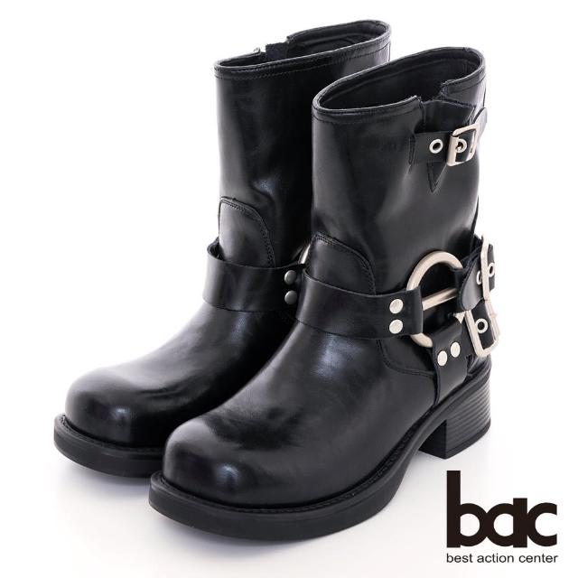 【bac】西部牛仔靴皮帶釦騎士中筒短靴(黑色)