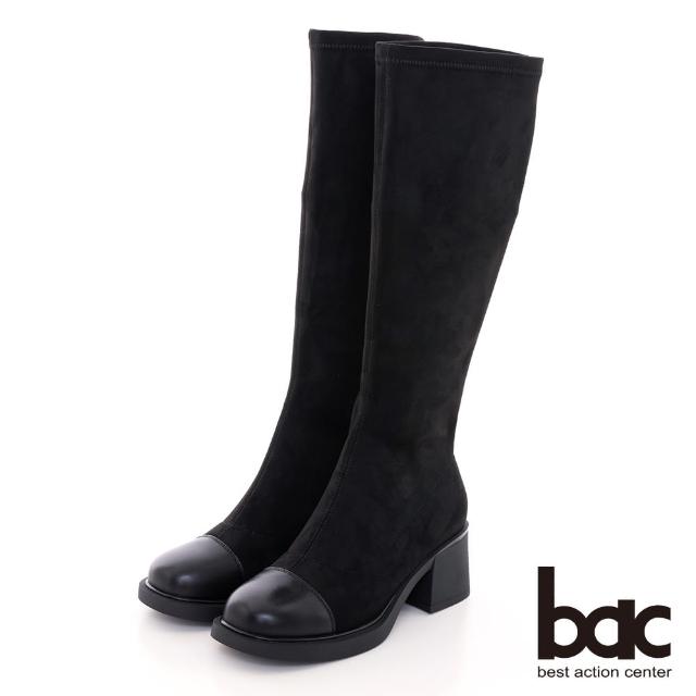 【bac】寬楦頭異材質拼接粗跟彈力長靴(黑色)