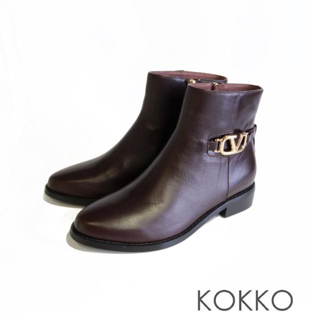 【KOKKO 集團】率性簡約飾扣牛皮尖頭短靴(深咖色)