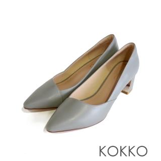【KOKKO 集團】溫柔高雅斜口小方楦羊皮粗跟包鞋(灰藍色)