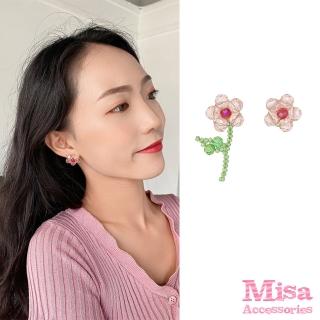 【MISA】韓國設計S925銀針甜美水晶串珠不對稱小花造型耳環(S925銀針耳環 水晶耳環 不對稱耳環)