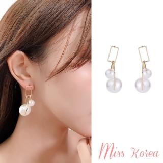 【MISS KOREA】韓國設計S925銀針幾何方框線條珍珠造型耳環(S925銀針耳環 方框耳環 線條耳環)