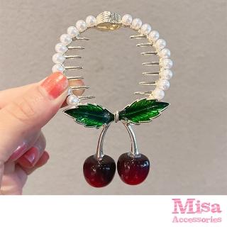 【MISA】韓國設計立體可愛小櫻桃珍珠造型丸子頭盤髮夾 馬尾釦 香蕉夾(小櫻桃髮夾 珍珠髮夾)