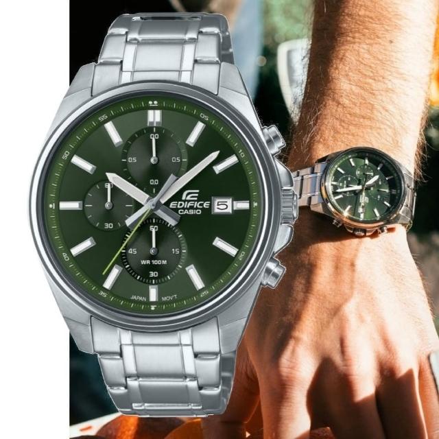 【CASIO 卡西歐】EDIFICE 經典款 三眼計時腕錶 -綠面(EFV-610D-3CV)