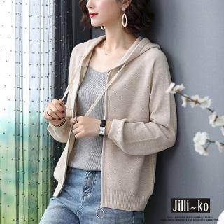 【JILLI-KO】純色連帽開衫針織衛衣外套女寬鬆短款韓版-F(藍/卡)