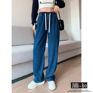【JILLI-KO】日系萊賽爾垂感闊腿休閒水洗休閒牛仔褲-M/L/XL(黑/藍)
