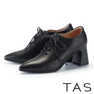 【TAS】羊皮綁帶尖頭粗高跟德比踝靴(黑色)