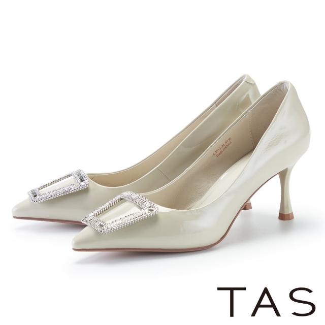 【TAS】奢華水鑽牛皮尖頭美型高跟鞋(米色)