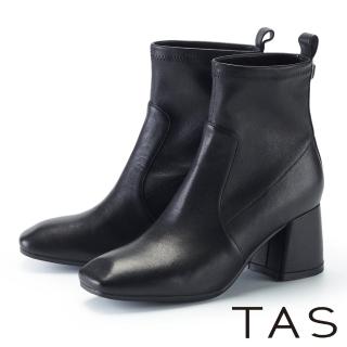 【TAS】百搭顯瘦彈力羊皮粗高跟襪靴(黑色)